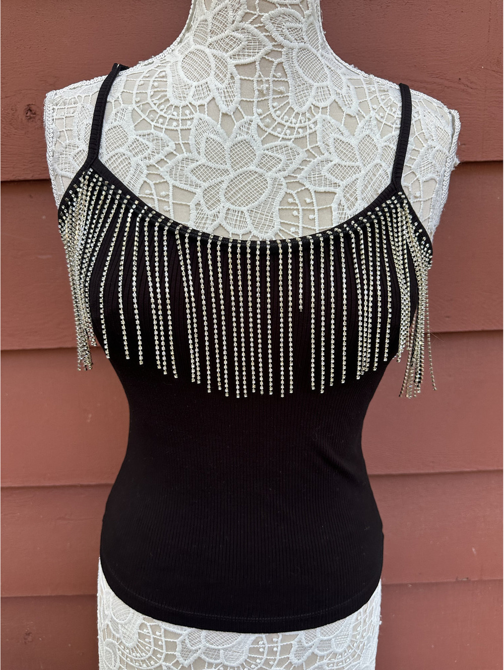 Charlotte Russe Rhinestone Fringe Tank Top Black Y2K Punk Western